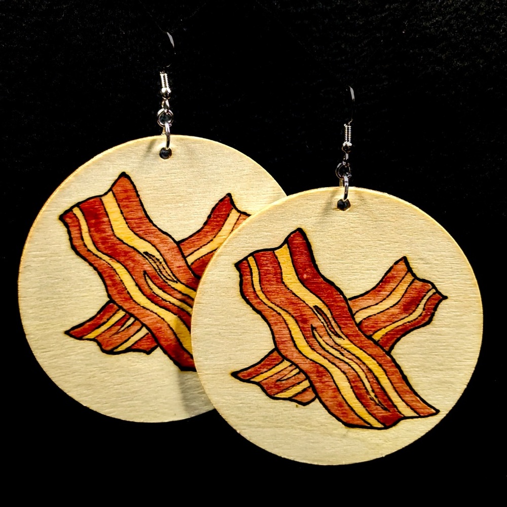 Boutique 🥓 Artisan Hand-Burned + Watercolor Wood Circle Earrings Baconator